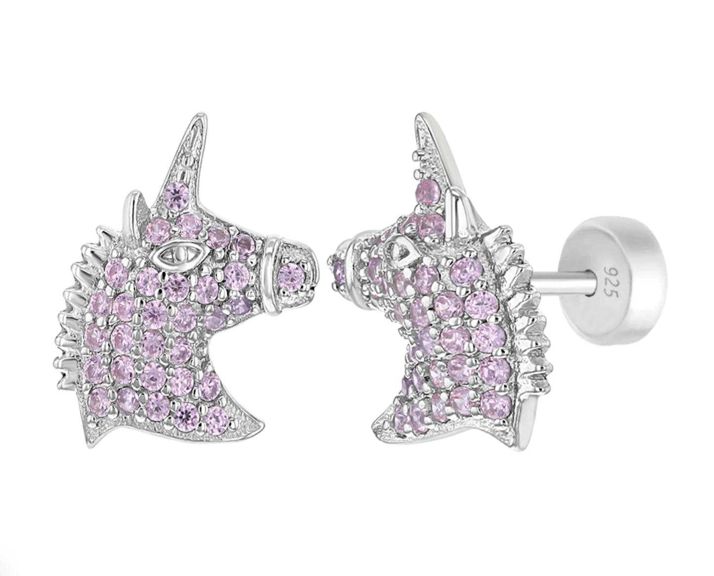925 Sterling Silver Cubic Zirconia Magical Unicorn Safety Stud Earrings for Toddlers & Little Girls - Pink