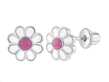 925 Sterling Silver Enamel Daisy Flower Safety Screw Back Earrings for Toddler Girls - Pink