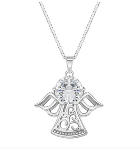 925 Sterling Silver Girl's 16" Clear Cubic Zirconia Guardian Angel Protector Necklace
