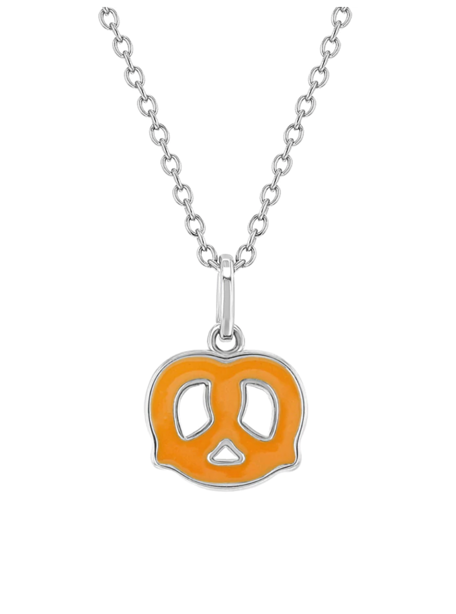 925 Sterling Silver Orange Enamel Pretzel Pendant Necklace for Young Girls and Preteens 16