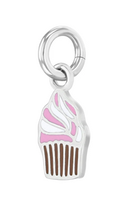 925 Sterling Silver Pink & White Swirl Cupcake Charm For Young Girls & Teens Charm Bracelet - Pink & White Cupcake