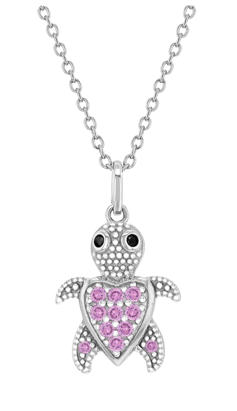 925 Sterling Silver Pink Cubic Zirconia Cute Turtle Pendant Necklace For Little Girls and Preteens 16