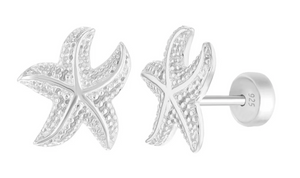 925 Sterling Silver Sea Nautical Safety Push Back Starfish Earrings For Girls & Teens