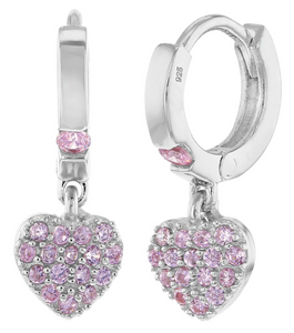 925 Sterling Silver Small Hoop Sparkling CZ Heart Dangle Earrings for Toddlers & Little Girls - Pink CZ