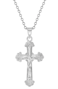 925 Sterling Silver Young Girl's 19" Thick Decorated Crucifix Pendant Necklace - Dainty Cross Charm