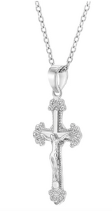 925 Sterling Silver Young Girl's 19" Thick Decorated Crucifix Pendant Necklace - Dainty Cross Charm