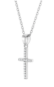 925 Sterling Silver Young Girl's Prong Set Cubic Zirconia Petite Cross Necklace - Shiny CZ Jewelry - Clear