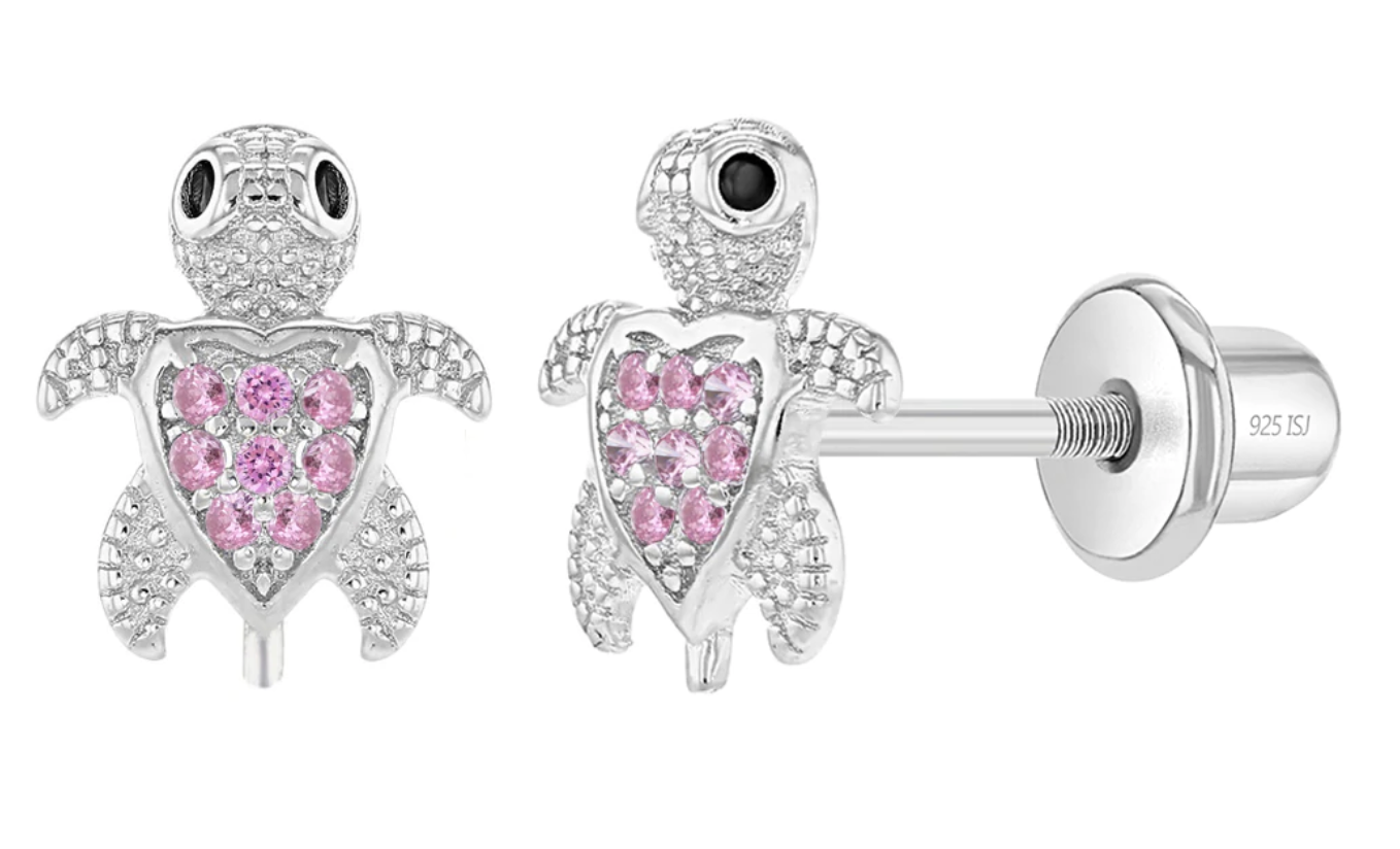 Cute Turtle Screw Back Kids Earrings for Little Girls - Colorful Cubic Zirconia Earrings for Children - Pink CZ