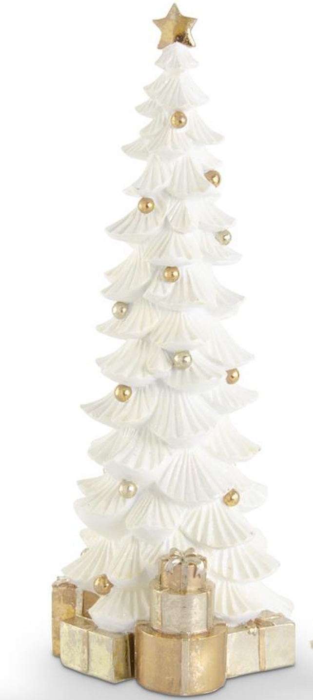 WHITE GLITTERED RESIN TREE W/GOLD PACKAGES
