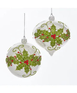 White With Holly Leaves and Red Jewels Design Glass Ornaments