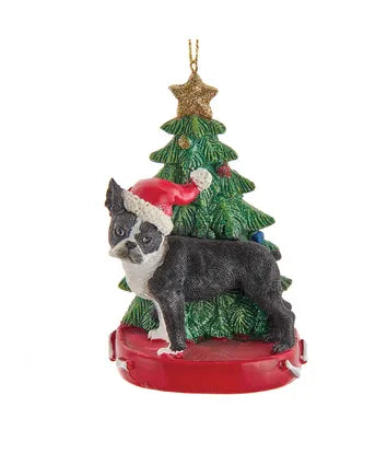 Boston Terrier With Christmas Tree Ornament For Personalization
