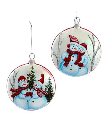 100MM Glass Red and White Snowman Disc Ornament