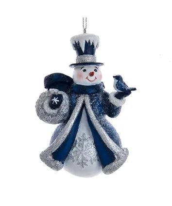 Blue and Silver Snowman With Bird Ornament