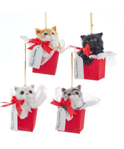 Furry Cat In Gift Box Ornament