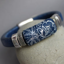 Dark Blue Leather Bracelet with Silver Floral Patterned Bead