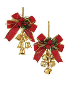 Red and Gold Bow With Bells Ornaments, 2 Assorted