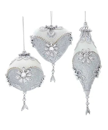 White and Silver Ball, Drop and Heart Ornament