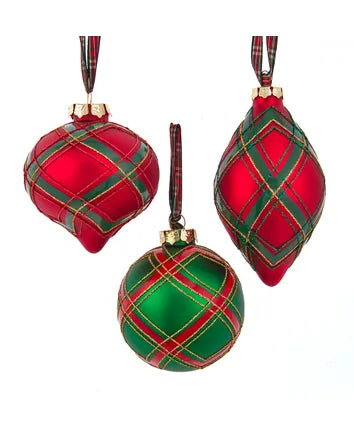 70-80MM Glass Red & Green Plaid Ball, Onion & Finial Ornament