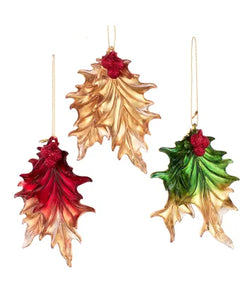 Red, Green and Gold Holly Leaf Ornament