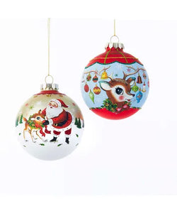 Glass Santa and Deer Ball Ornament