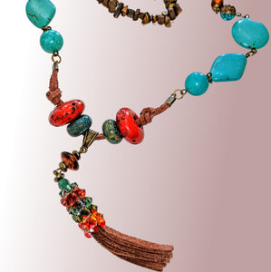 Hand made Necklaces with Turquoise Swarovski crystals red ceramic beads